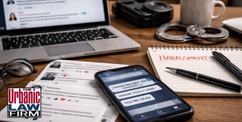 Daytime desk scene with smartphone showing threatening text messages, social media harassment printouts, laptop, and handcuffs, illustrating Oklahoma obscene and threatening electronic communication criminal defense by The Urbanic Law Firm.