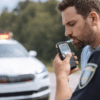 Daytime Oklahoma traffic stop with officer giving a preliminary breath test to a driver near a patrol SUV, illustrating DUI criminal defense by The Urbanic Law Firm.