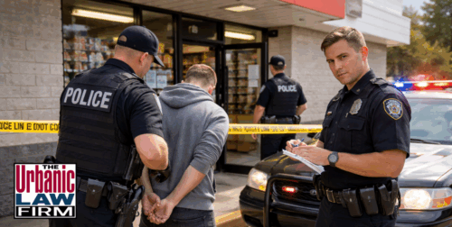 Daytime photo-style image of Oklahoma police officers arresting a handcuffed man outside a convenience store with patrol car lights flashing and crime scene tape, illustrating Oklahoma robbery criminal defense representation by The Urbanic Law Firm.