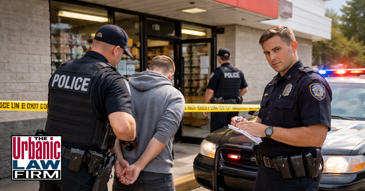 Daytime photo-style image of Oklahoma police officers arresting a handcuffed man outside a convenience store with patrol car lights flashing and crime scene tape, illustrating Oklahoma robbery criminal defense representation by The Urbanic Law Firm.
