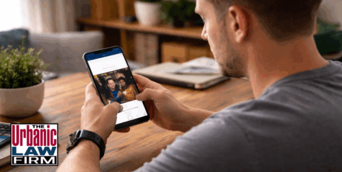 Daytime photo of a man in his 30s sitting at a wooden table, holding a smartphone and preparing to post a meme on social media, illustrating how online posts can lead to obscene or threatening communication charges in Oklahoma and the criminal defense representation offered by The Urbanic Law Firm.