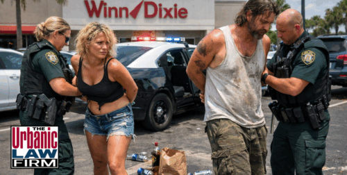 Daytime Winn-Dixie parking lot scene with police arresting a disheveled man and woman beside a patrol car, illustrating Oklahoma criminal defense cases handled by The Urbanic Law Firm.