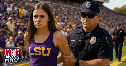 Young woman being detained by a police officer at a crowded daytime LSU football game, illustrating potential public-conduct criminal charges.