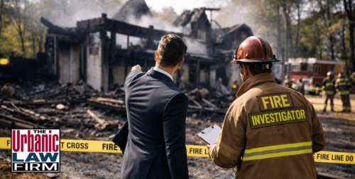 Daytime photo of an Oklahoma criminal defense lawyer in a suit standing with a fire investigator in front of a burned house, fire trucks and yellow tape in the background, illustrating The Urbanic Law Firm investigating arson charges and protecting clients in serious felony cases.