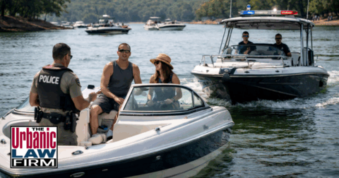 Daytime photo of an Oklahoma police officer conducting a boating stop on a busy lake, speaking with a couple in a motorboat while a patrol boat approaches in the background, illustrating boating crimes and BUI criminal defense handled by The Urbanic Law Firm in Oklahoma.