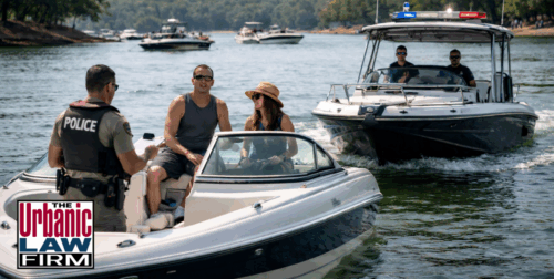 Daytime photo of an Oklahoma police officer conducting a boating stop on a busy lake, speaking with a couple in a motorboat while a patrol boat approaches in the background, illustrating boating crimes and BUI criminal defense handled by The Urbanic Law Firm in Oklahoma.