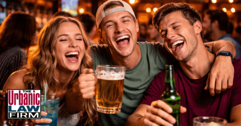 Daytime photograph-style image of college students drinking and appearing intoxicated at a busy bar, illustrating how a night out can lead to Oklahoma alcohol-related criminal charges and the need for Oklahoma criminal defense by The Urbanic Law Firm for students and young adults.