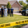 Daytime photo-style image of police officers and an Oklahoma criminal defense attorney from The Urbanic Law Firm standing near a marked patrol car and yellow crime-scene tape outside a suburban home, illustrating Oklahoma criminal defense by The Urbanic Law Firm after an arrest at a residential crime scene.
