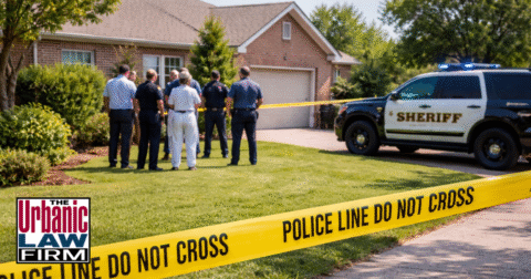 Daytime photo-style image of police officers and an Oklahoma criminal defense attorney from The Urbanic Law Firm standing near a marked patrol car and yellow crime-scene tape outside a suburban home, illustrating Oklahoma criminal defense by The Urbanic Law Firm after an arrest at a residential crime scene.