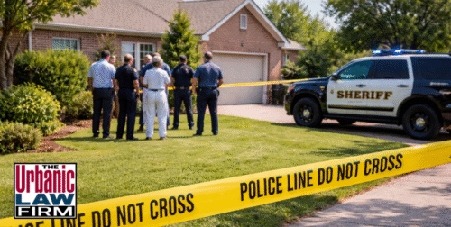 Daytime photo-style image of police officers and an Oklahoma criminal defense attorney from The Urbanic Law Firm standing near a marked patrol car and yellow crime-scene tape outside a suburban home, illustrating Oklahoma criminal defense by The Urbanic Law Firm after an arrest at a residential crime scene.
