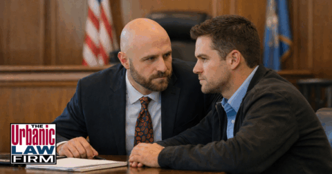 Daytime photograph of an Oklahoma criminal defense attorney from The Urbanic Law Firm standing beside his client before a judge in a wood-paneled courtroom, illustrating serious courtroom advocacy and dedicated defense representation in Oklahoma criminal cases.