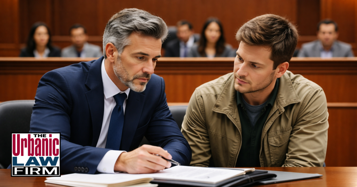 Daytime courtroom photo-style image of an Oklahoma criminal defense attorney from The Urbanic Law Firm sitting beside a male client at counsel table, reviewing legal documents while the gallery is blurred in the background, illustrating serious Oklahoma criminal defense representation in court.