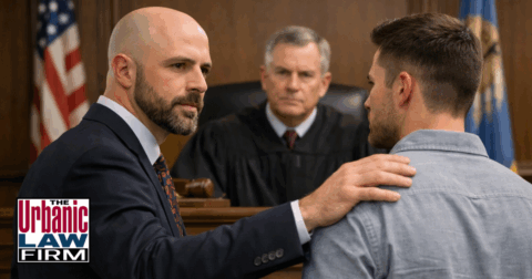 Serious bald defense attorney from The Urbanic Law Firm standing beside his client before a judge in an Oklahoma courtroom, illustrating dedicated Oklahoma criminal defense representation during high-stakes hearings.