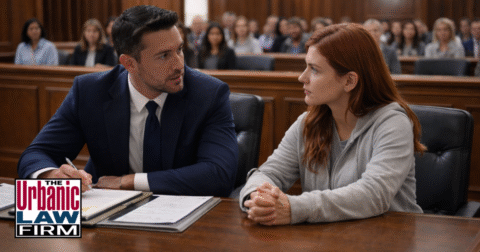 Oklahoma public sex and indecency crimes defense attorney from The Urbanic Law Firm sitting beside a concerned female client at the counsel table in an Oklahoma courtroom during a criminal defense hearing, with the gallery blurred in the background.
