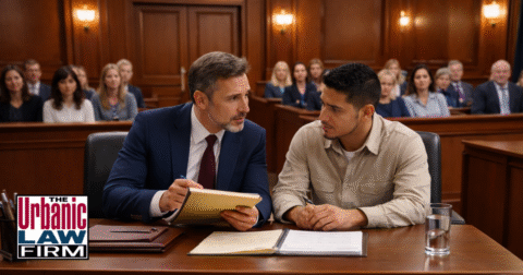 Oklahoma criminal defense attorney from The Urbanic Law Firm sitting beside a Hispanic client at the defense table in a busy courtroom, preparing a child prostitution crimes defense during a tense hearing.