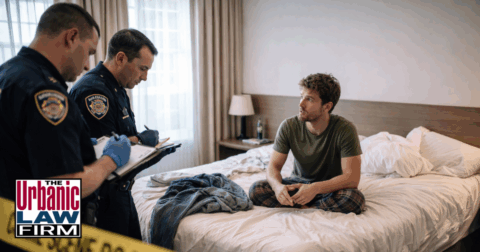 Daytime bedroom crime scene with two uniformed police officers questioning a young man sitting on an unmade bed behind yellow crime scene tape, illustrating serious Oklahoma criminal defense cases handled by The Urbanic Law Firm.