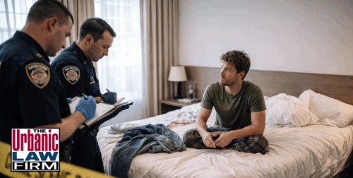 Daytime bedroom crime scene with two uniformed police officers questioning a young man sitting on an unmade bed behind yellow crime scene tape, illustrating serious Oklahoma criminal defense cases handled by The Urbanic Law Firm.