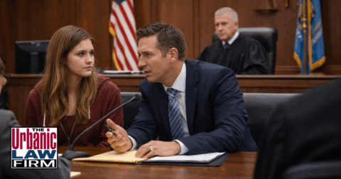 Daytime courtroom scene with a worried young woman sitting beside her attorney at counsel table while he speaks to the judge on the bench, illustrating The Urbanic Law Firm providing strong Oklahoma criminal defense representation in serious DUI and felony cases.
