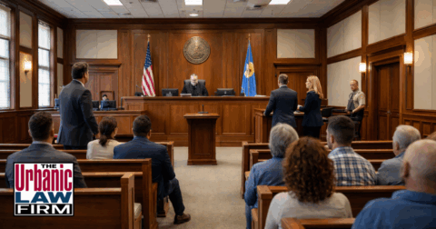Daytime photograph of an active Oklahoma courtroom hearing showing a judge on the bench, prosecutor and defense attorney standing before the court, a deputy nearby, and people seated in the gallery, illustrating serious Oklahoma criminal defense representation by The Urbanic Law Firm.