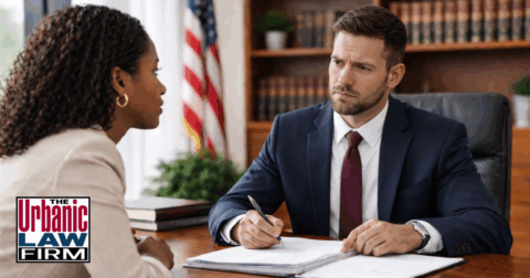 Daytime photograph of a concerned Oklahoma criminal defense attorney in a navy suit meeting with a worried Black female client at a law office desk, reviewing probation paperwork and strategy, illustrating serious Oklahoma criminal defense representation by The Urbanic Law Firm.
