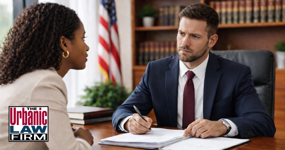 Daytime photograph of a concerned Oklahoma criminal defense attorney in a navy suit meeting with a worried Black female client at a law office desk, reviewing probation paperwork and strategy, illustrating serious Oklahoma criminal defense representation by The Urbanic Law Firm.