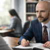 Oklahoma criminal defense attorney from The Urbanic Law Firm in a navy suit seriously consulting with a client at a wooden desk in a bright law office, reviewing case documents related to felony sex-crime charges.