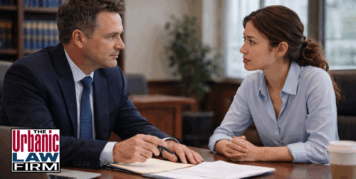 Daytime photograph-style image of an attorney meeting with a concerned client in a law office conference room, illustrating compassionate Oklahoma criminal defense representation by The Urbanic Law Firm.