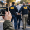 Daytime photo-style image of a bystander in Oklahoma filming ICE officers arresting a handcuffed man beside an SUV with flashing lights, illustrating how The Urbanic Law Firm defends criminal charges that arise from recording law enforcement and other high-stakes Oklahoma criminal defense cases.