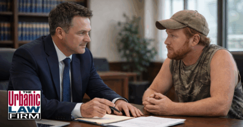 Daytime courtroom-style photo of an Oklahoma criminal defense attorney from The Urbanic Law Firm sitting beside a white male rural client in casual clothes at counsel table, discussing strategy for his Oklahoma criminal defense case while the judge’s bench and flags are softly blurred in the background.