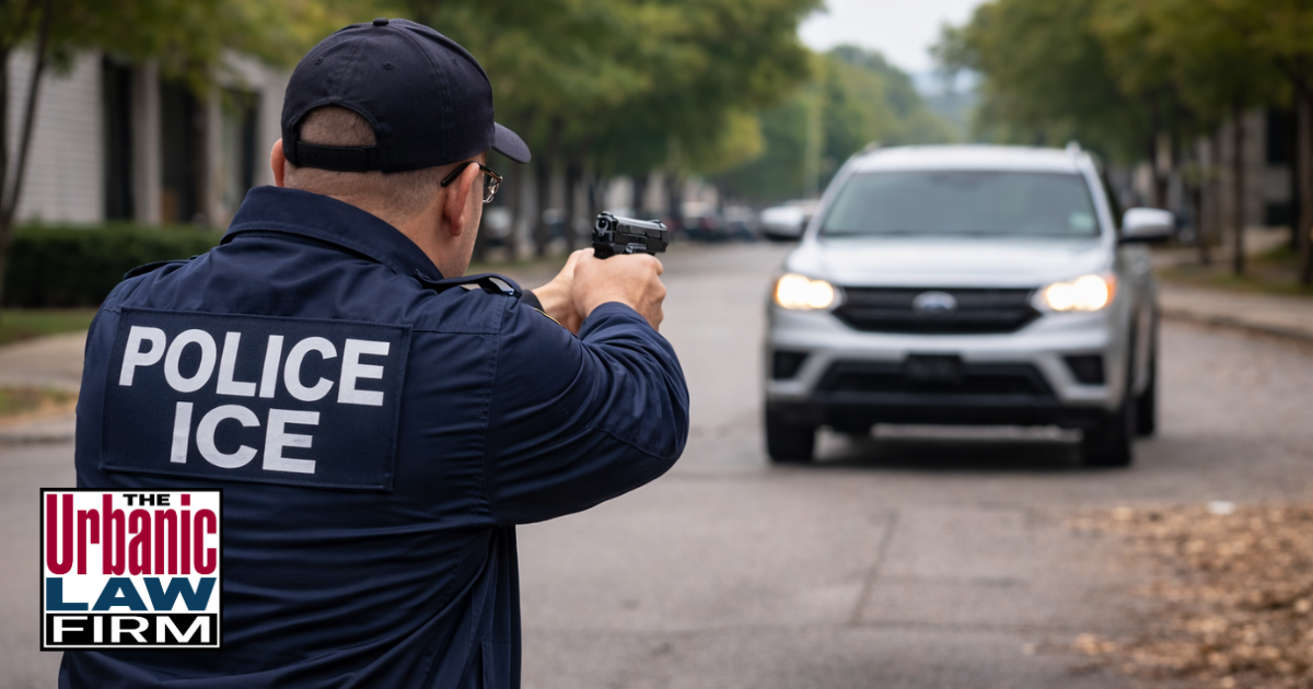 Daytime photograph-style image of an ICE officer in a POLICE ICE jacket aiming a handgun at an approaching SUV on a suburban Oklahoma street, illustrating high-stakes shooting investigations and aggressive Oklahoma criminal defense representation by The Urbanic Law Firm for clients facing serious federal and state charges.