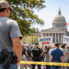 Daytime photo of peaceful protesters near the Oklahoma State Capitol with a visible police presence and a holstered firearm in the crowd, illustrating questions about whether you can legally bring a firearm to a protest in Oklahoma and highlighting Oklahoma criminal defense representation by The Urbanic Law Firm.