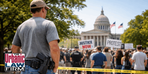 Daytime photo of peaceful protesters near the Oklahoma State Capitol with a visible police presence and a holstered firearm in the crowd, illustrating questions about whether you can legally bring a firearm to a protest in Oklahoma and highlighting Oklahoma criminal defense representation by The Urbanic Law Firm.