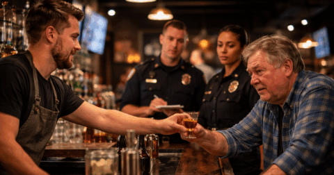 Nighttime photo-style image inside an Oklahoma bar showing a police officer talking with a seated patron about possible public intoxication, visually representing Oklahoma criminal defense by The Urbanic Law Firm.