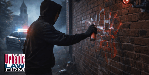 Nighttime photograph-style image of a hooded man spray-painting red graffiti on a brick wall while a police car with flashing lights and a surveillance camera watch in the background, illustrating vandalism and malicious mischief charges defended by The Urbanic Law Firm’s Oklahoma criminal defense attorneys.