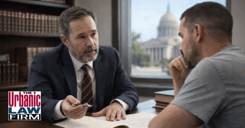 Daytime photo of an Oklahoma criminal defense attorney from The Urbanic Law Firm in a simple assault and battery charges Oklahoma consultation with a male client in an office overlooking the state capitol.