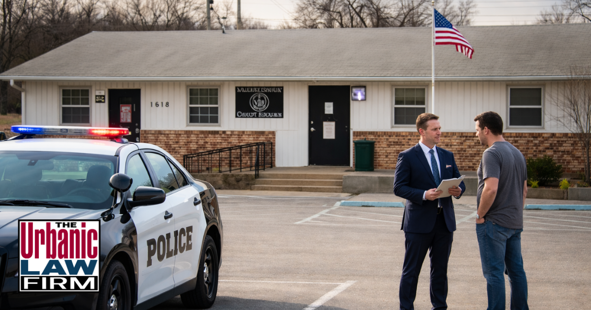 Daytime photo of the Valley Brook Municipal Courthouse in Oklahoma with a marked police car in the parking lot and a suited attorney speaking with a client outside, illustrating Oklahoma criminal defense representation by The Urbanic Law Firm.