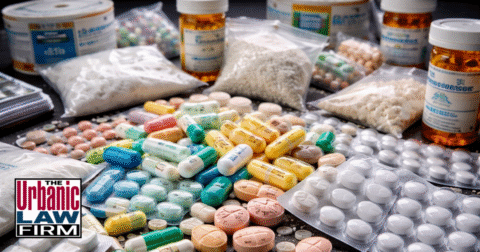 Daytime close-up photo of a large pile of colorful counterfeit controlled dangerous substance pills and capsules scattered on a dark table, with blurred prescription bottles in the background, illustrating counterfeit controlled dangerous substance crime risks in Oklahoma and the need for experienced Oklahoma criminal defense representation by The Urbanic Law Firm.