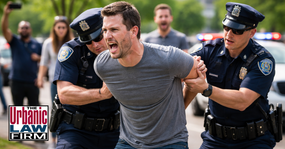 Daytime photograph of a calm police officer speaking with a man on a busy Oklahoma sidewalk after alleged disorderly conduct and breach of peace, illustrating Oklahoma criminal defense representation by The Urbanic Law Firm.