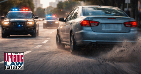 Daytime photograph of an Oklahoma highway police pursuit, with patrol cars and flashing lights closing in on a fleeing sedan, illustrating eluding police in Oklahoma and the high-stakes criminal defense representation provided by The Urbanic Law Firm.