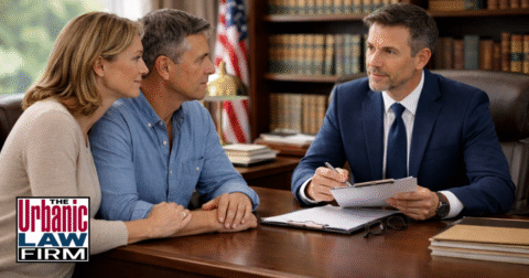 Daytime photograph of an Oklahoma criminal defense attorney meeting with a worried couple in a law office, discussing encouraging or causing juvenile delinquency in Oklahoma and potential defenses, representing compassionate criminal defense help by The Urbanic Law Firm.