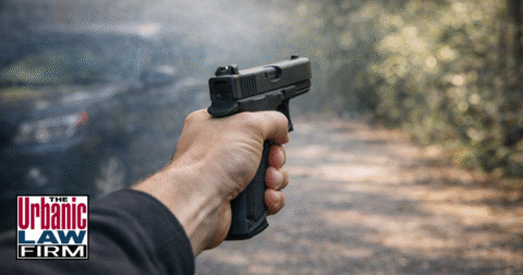 First-person view of a hand gripping a tilted pistol in the center of the frame inside an Oklahoma home, illustrating firearm threats, assaults, and reckless conduct in Oklahoma and highlighting serious criminal defense representation by The Urbanic Law Firm.