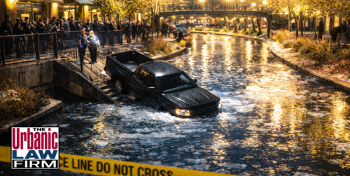 Nighttime photo-style image of a dark pickup truck nose-down in the icy Bricktown canal in Oklahoma City, brightly lit by streetlamps, with “police line do not cross” tape, officers on scene, and an Oklahoma criminal defense attorney from The Urbanic Law Firm talking with a worried driver about DUI charges.