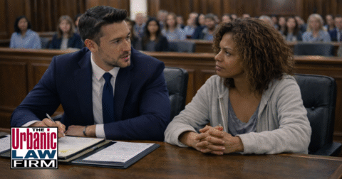 Oklahoma sex offender regulatory crimes defense lawyer from The Urbanic Law Firm sitting beside an African American female client at the counsel table in an Oklahoma courtroom during a criminal-defense hearing, illustrating focused Oklahoma criminal defense representation by Urbanic Law Firm.