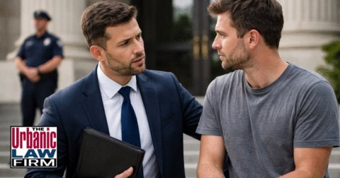 Daytime photograph of a criminal defense attorney in a navy suit speaking with a handcuffed client on courthouse steps, with a blurred officer in the background, symbolizing help with abandonment, omission, child support crimes in Oklahoma by The Urbanic Law Firm.