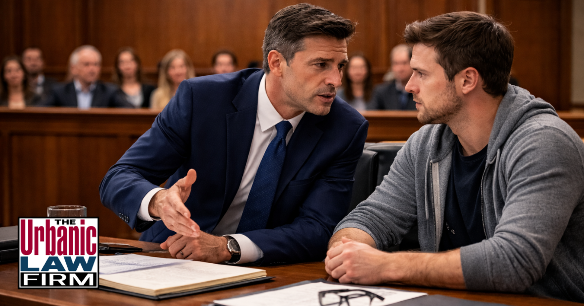 Daytime courtroom photograph of an Oklahoma criminal defense attorney from The Urbanic Law Firm leaning toward a concerned client at counsel table during a disruption of assemblies and events crimes Oklahoma case, with the courtroom audience seated in rows behind them.