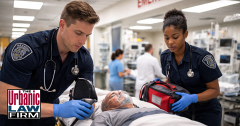 Daytime photograph of two emergency medical providers working in a busy Oklahoma hospital treatment area while calmly assisting a patient, illustrating emergency medical provider assault and battery Oklahoma charges and showing the serious criminal-defense representation offered by The Urbanic Law Firm. 