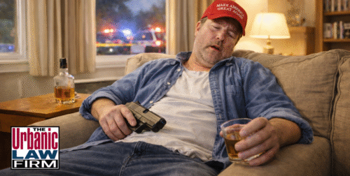 Intoxicated MAGA dad in a bright Oklahoma living room slumps on a couch holding a handgun and a whiskey glass while police lights flash outside, illustrating Oklahoma murder law issues and serious gun charges defended by The Urbanic Law Firm, Oklahoma criminal defense attorneys.