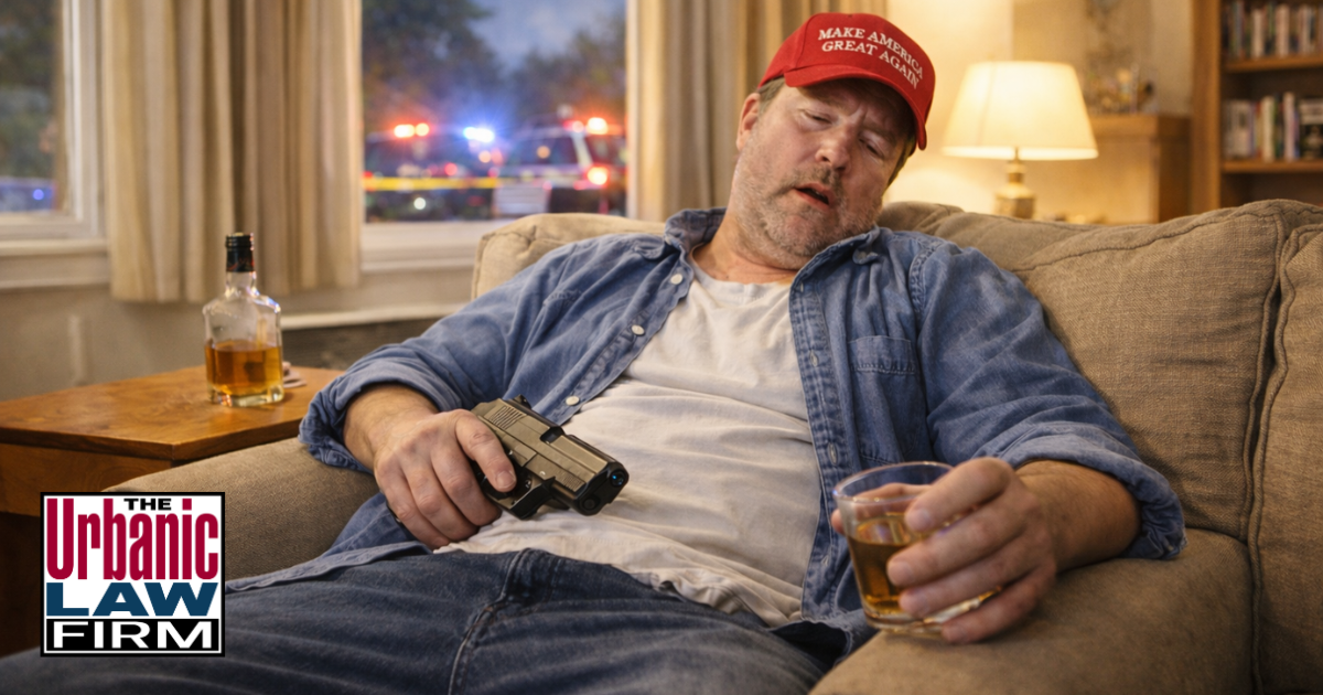 Intoxicated MAGA dad in a bright Oklahoma living room slumps on a couch holding a handgun and a whiskey glass while police lights flash outside, illustrating Oklahoma murder law issues and serious gun charges defended by The Urbanic Law Firm, Oklahoma criminal defense attorneys.
