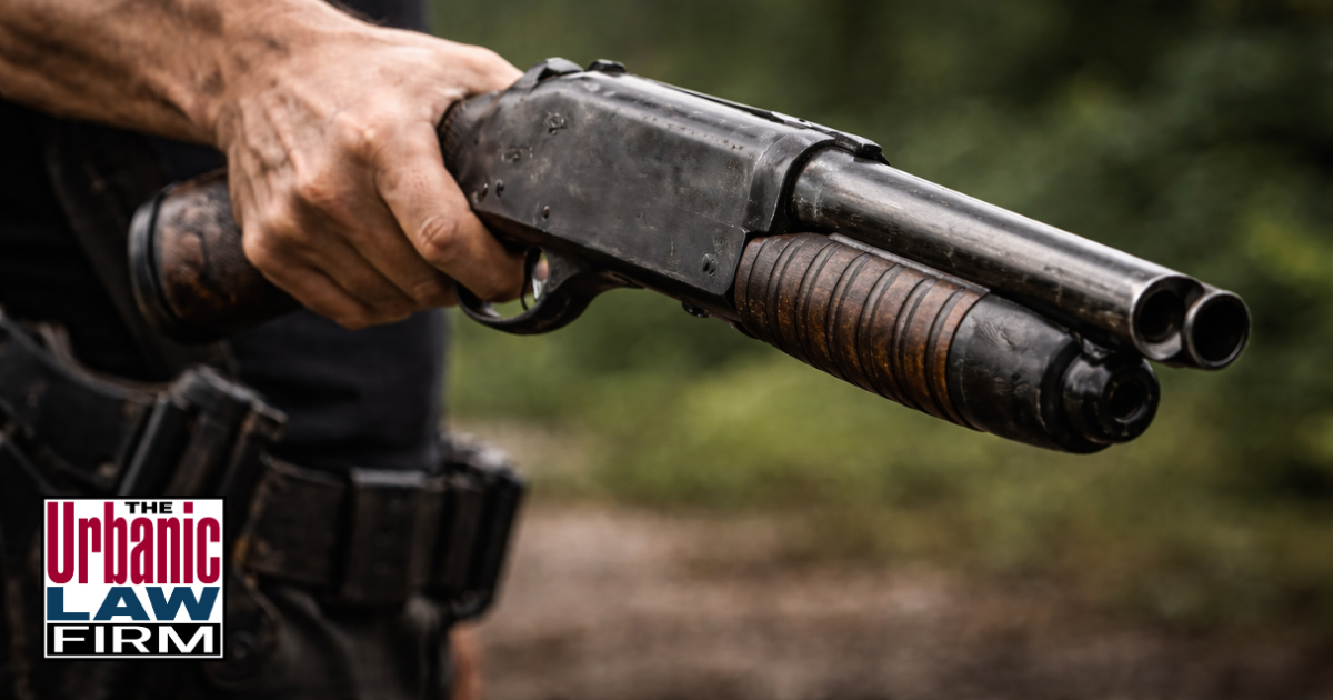 Daytime close-up photograph of an arm holding an altered sawed-off shotgun, visually representing prohibited weapons and restricted ammunition issues in Oklahoma, illustrating how The Urbanic Law Firm provides Oklahoma criminal defense for clients accused of altered firearms and other serious gun crimes.