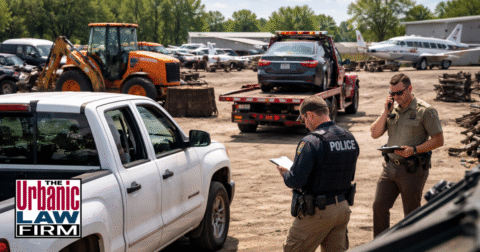 Daytime photograph of an Oklahoma criminal defense attorney from The Urbanic Law Firm standing with a client beside a damaged vehicle and tow truck, illustrating vehicle, aircraft, and equipment theft crimes defense in Oklahoma.